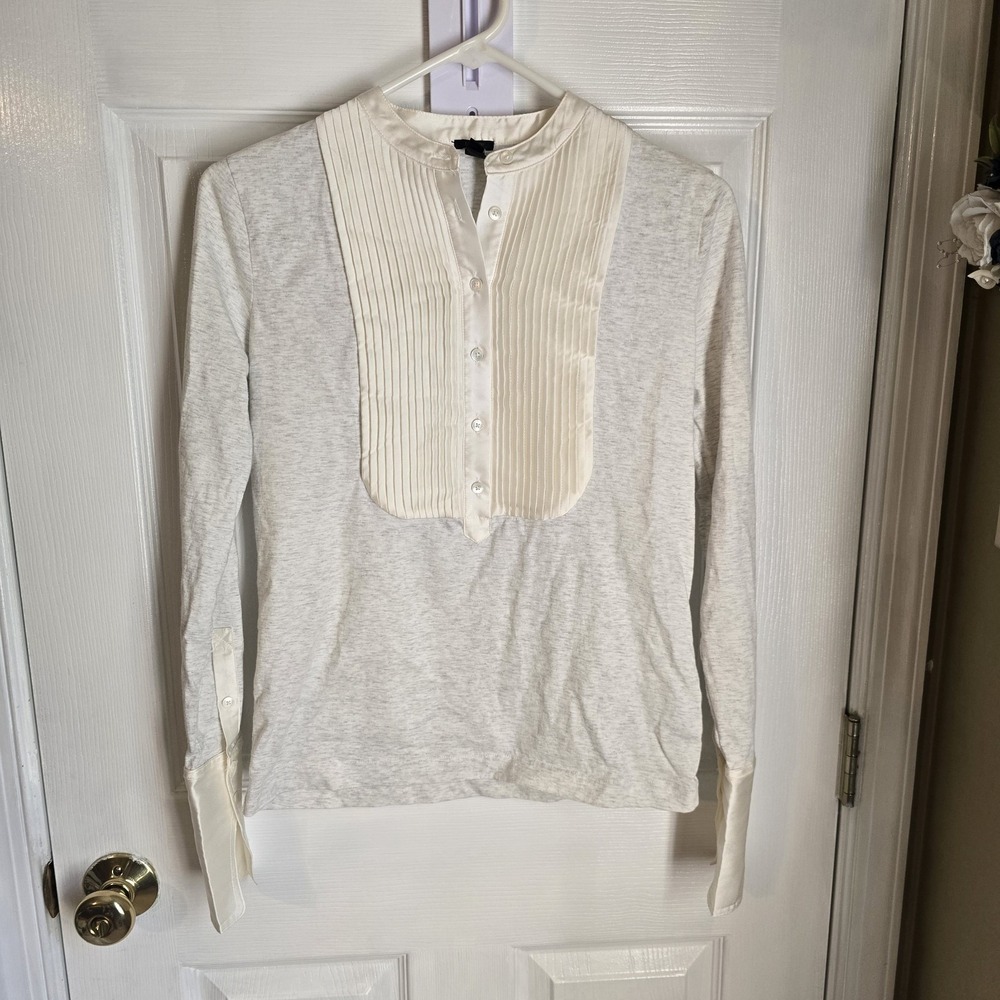 J.Crew Womens Tuxedo Bib Pleated Top Gray Cream Mixed Media Long‎ Sleeve XS